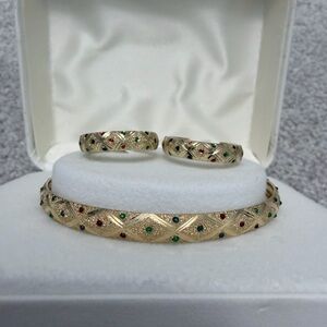 10k Solid Gold Jewelry Set with Multicolor Enamel Earrings and Bangle Set